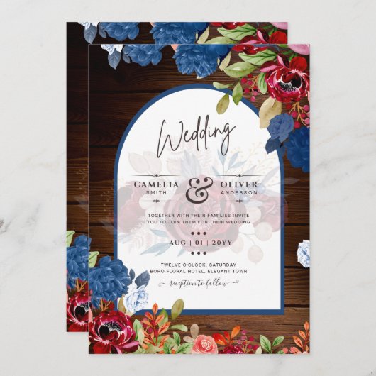 Rustic Burgundy Blue Floral Wedding Einladung (Vorne/Hinten)