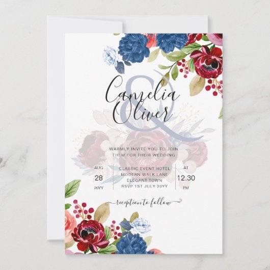Rustic Burgundy Blue Floral Wedding Einladung (Vorderseite)