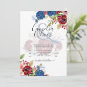 Rustic Burgundy Blue Floral Wedding Einladung (Stehend Vorderseite)
