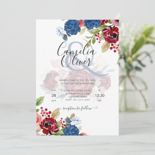 Rustic Burgundy Blue Floral Wedding Einladung (Stehend Vorderseite)