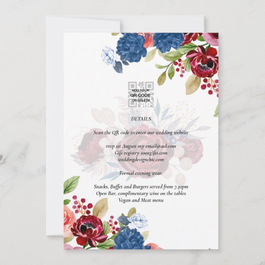 Rustic Burgundy Blue Floral Wedding Einladung (Rückseite)