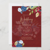 Rustic Burgundy Blue Floral Wedding Einladung (Vorderseite)