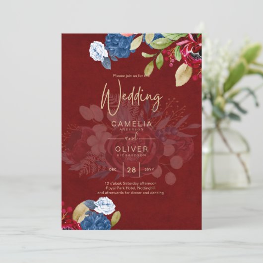 Rustic Burgundy Blue Floral Wedding Einladung (Stehend Vorderseite)