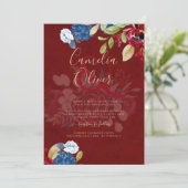 Rustic Burgundy Blue Floral Wedding Einladung (Stehend Vorderseite)