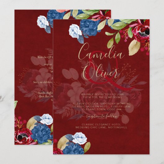 Rustic Burgundy Blue Floral Wedding Einladung (Vorne/Hinten)