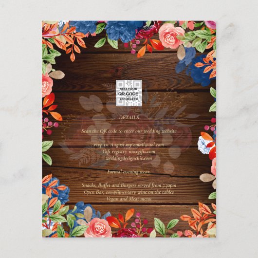 Rustic Burgundy Blue Floral Wedding Flyer (Hinten)