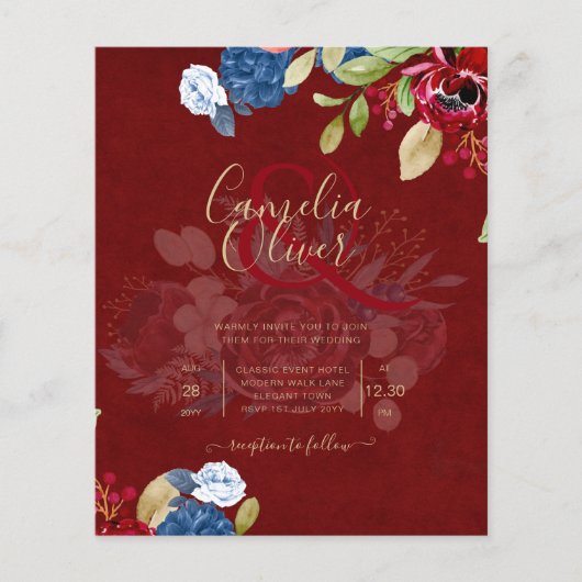 Rustic Burgundy Blue Floral Wedding Flyer (Vorne)