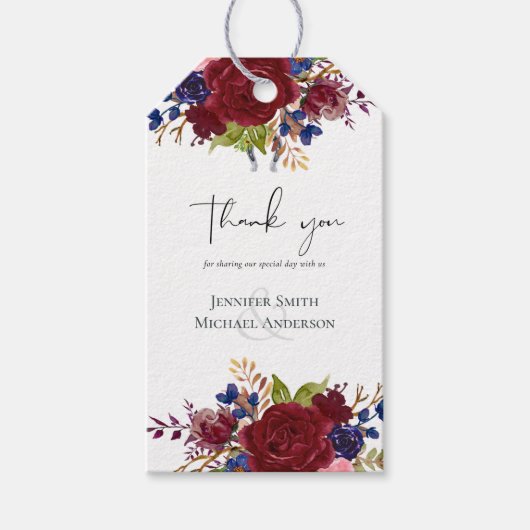 Rustic Burgundy Blue Floral Wedding Geschenkanhänger (Vorderseite)