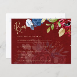 Rustic Burgundy Blue Floral Wedding RSVP Postkarte