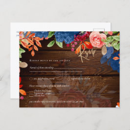 Rustic Burgundy Blue Floral Wedding RSVP Postkarte