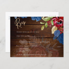 Rustic Burgundy Blue Floral Wedding RSVP Postkarte
