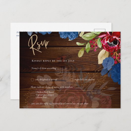 Rustic Burgundy Blue Floral Wedding RSVP Postkarte (Vorne/Hinten)