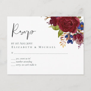 Rustic Burgundy Blue Floral Wedding RSVP Postkarte