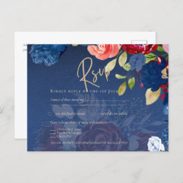 Rustic Burgundy Blue Floral Wedding RSVP Postkarte