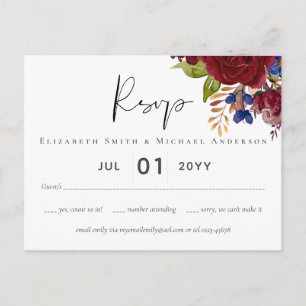 Rustic Burgundy Blue Floral Wedding RSVP Postkarte