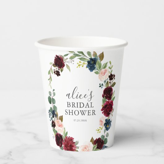 Rustic Burgundy Blue Flowers Bridal Shower Pappbecher (Vorderseite)