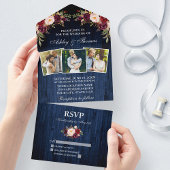 Rustic Burgundy Blues Blue Wood 3 Foto Wedding All In One Einladung