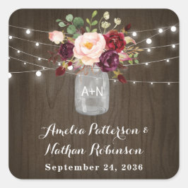 Rustic Burgundy Blush Floral Mason Jar Wedding Quadratischer Aufkleber