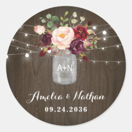 Rustic Burgundy Blush Floral Mason Jar Wedding Runder Aufkleber