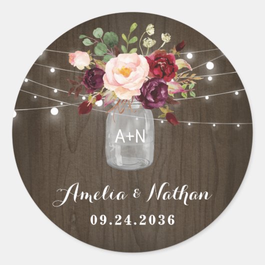 Rustic Burgundy Blush Floral Mason Jar Wedding Runder Aufkleber (Vorderseite)