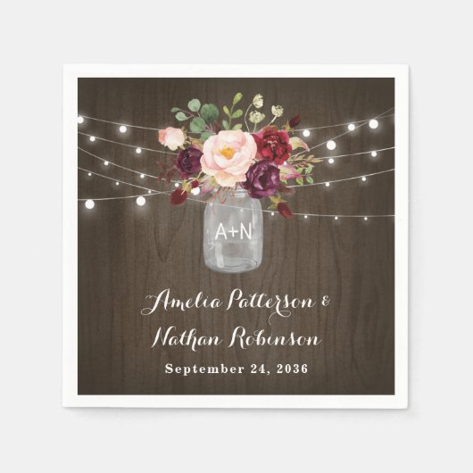Rustic Burgundy Blush Floral Mason Jar Wedding Serviette (Vorderseite)