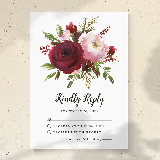 Rustic Burgundy Blush Floral Monogram Wedding RSVP Karte