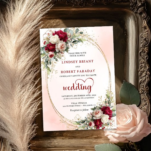 Rustic Burgundy Bohemian Floral Wedding Invitation Einladung