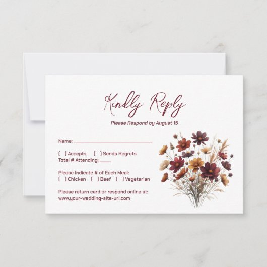 Rustic Burgundy Boho Chic Wildflowers Wedding RSVP Karte (Vorderseite)