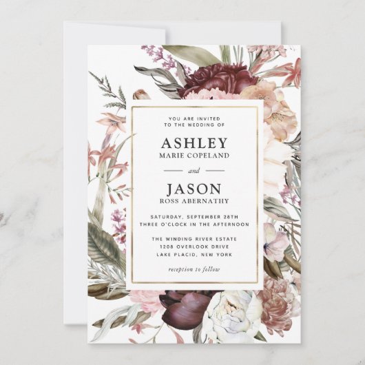 Rustic Burgundy Boho Floral Wedding Einladung (Vorderseite)