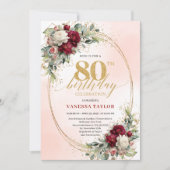 Rustic Burgundy Boho Flowers 80th Birthday Invites Einladung (Vorderseite)