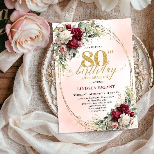 Rustic Burgundy Boho Flowers 80th Birthday Invites Einladung