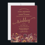 Rustic Burgundy Boho Wildflowers Elegant Wedding Einladung<br><div class="desc">Autumn vibes abound with this beautiful wedding invitation. The lovely burgundy and gold design features country wildflowers, asters and grasses in deep rich autumn shades. The typography is rustic yet elegant boasting script calligraphy with swashes on the ends of the letters in a woodcut feel. The arched text is designed...</div>