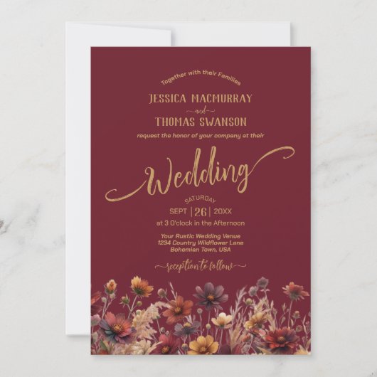 Rustic Burgundy Boho Wildflowers Elegant Wedding Einladung (Vorderseite)