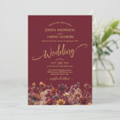 Rustic Burgundy Boho Wildflowers Elegant Wedding Einladung (Stehend Vorderseite)