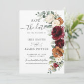 Rustic Burgundy Burnt Orange Ivory Floral Wedding Save The Date (Stehend Vorderseite)