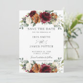 Rustic Burgundy Burnt Orange Ivory Floral Wedding Save The Date (Stehend Vorderseite)