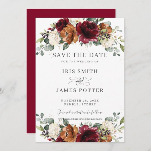 Rustic Burgundy Burnt Orange Ivory Floral Wedding Save The Date (Vorne/Hinten)