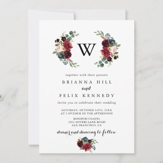 Rustic Burgundy Calligraphy Monogram Wedding Einladung (Vorderseite)