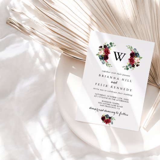 Rustic Burgundy Calligraphy Monogram Wedding Einladung