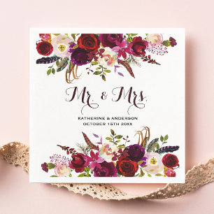 Rustic Burgundy Chic Floral Mr. und Mrs. Wedding Serviette