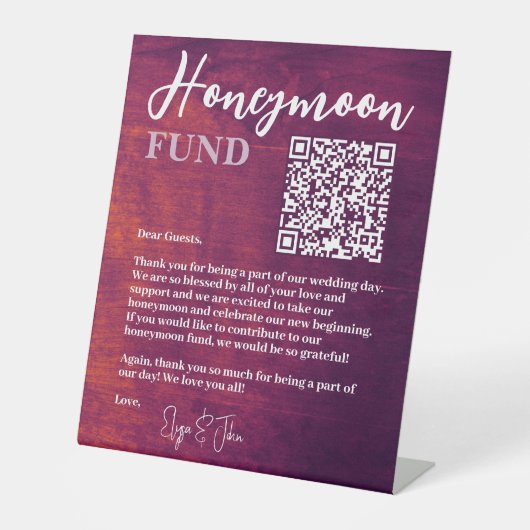 Rustic Burgundy Elegant QR Code Honeymoon Fund Sockelschild (Vorderseite)