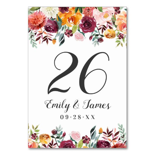 Rustic Burgundy Fall Floral Wedgram Tischnummer (Vorderseite)