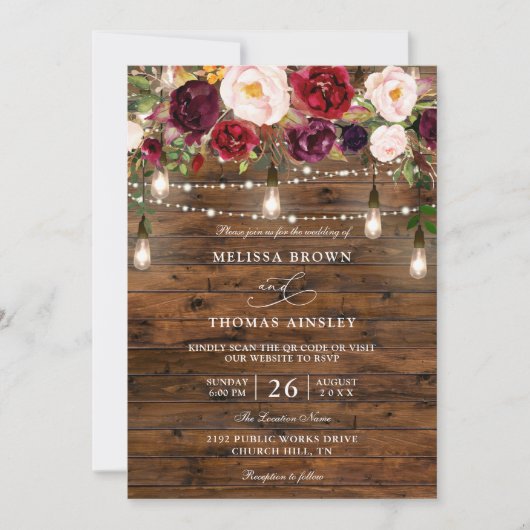 Rustic Burgundy Floral Budget QR Code Wedding Einladung (Vorderseite)