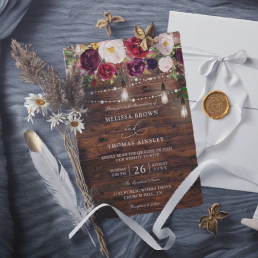 Rustic Burgundy Floral Budget QR Code Wedding Einladung