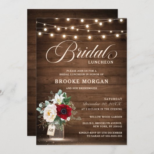 Rustic Burgundy Floral Mason Jar Bridal Luncheon Einladung (Vorne/Hinten)