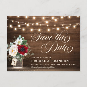 Rustic Burgundy Floral Mason Jar Save the Date Postkarte