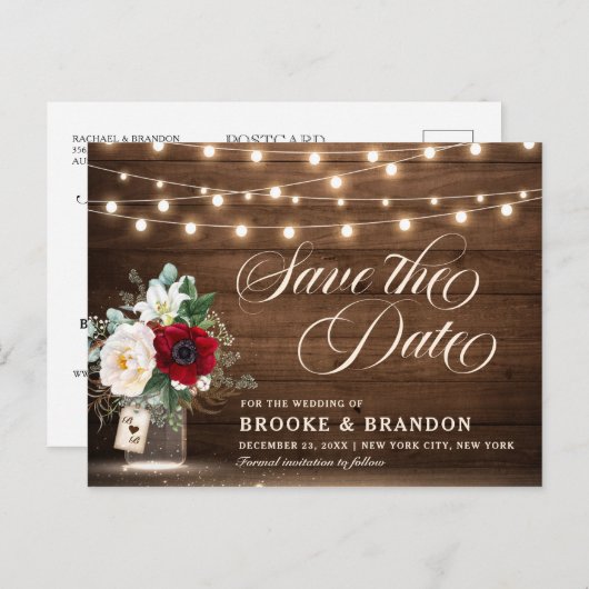 Rustic Burgundy Floral Mason Jar Save the Date Postkarte (Vorne/Hinten)