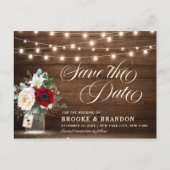 Rustic Burgundy Floral Mason Jar Save the Date Postkarte (Vorderseite)