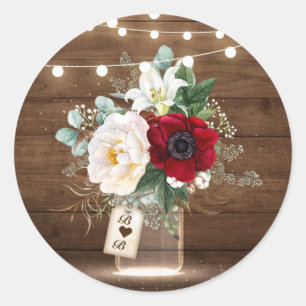 Rustic Burgundy Floral Mason Jar Wedding Envelope Runder Aufkleber