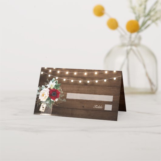 Rustic Burgundy Floral Mason Jar Wedding Platzkarte (Vorderseite)